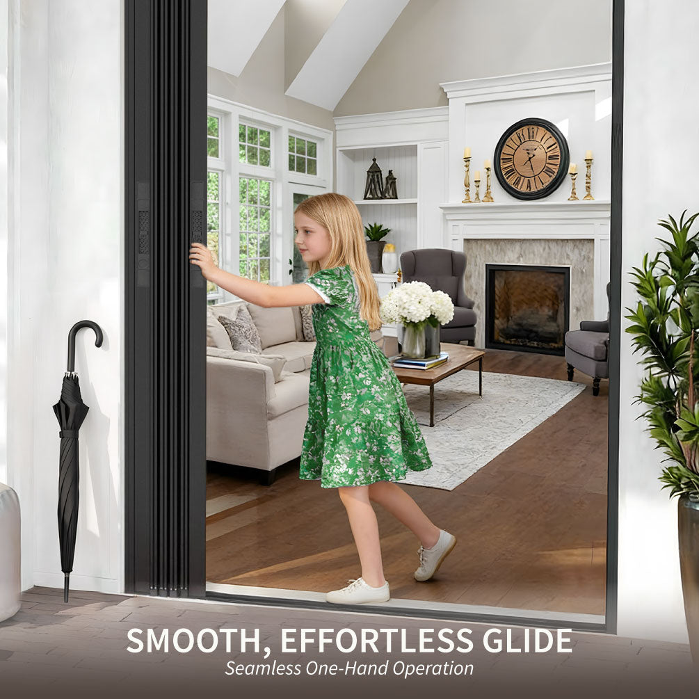 Foldable screen door with smooth glide allowing easy one hand operation in modern home interior