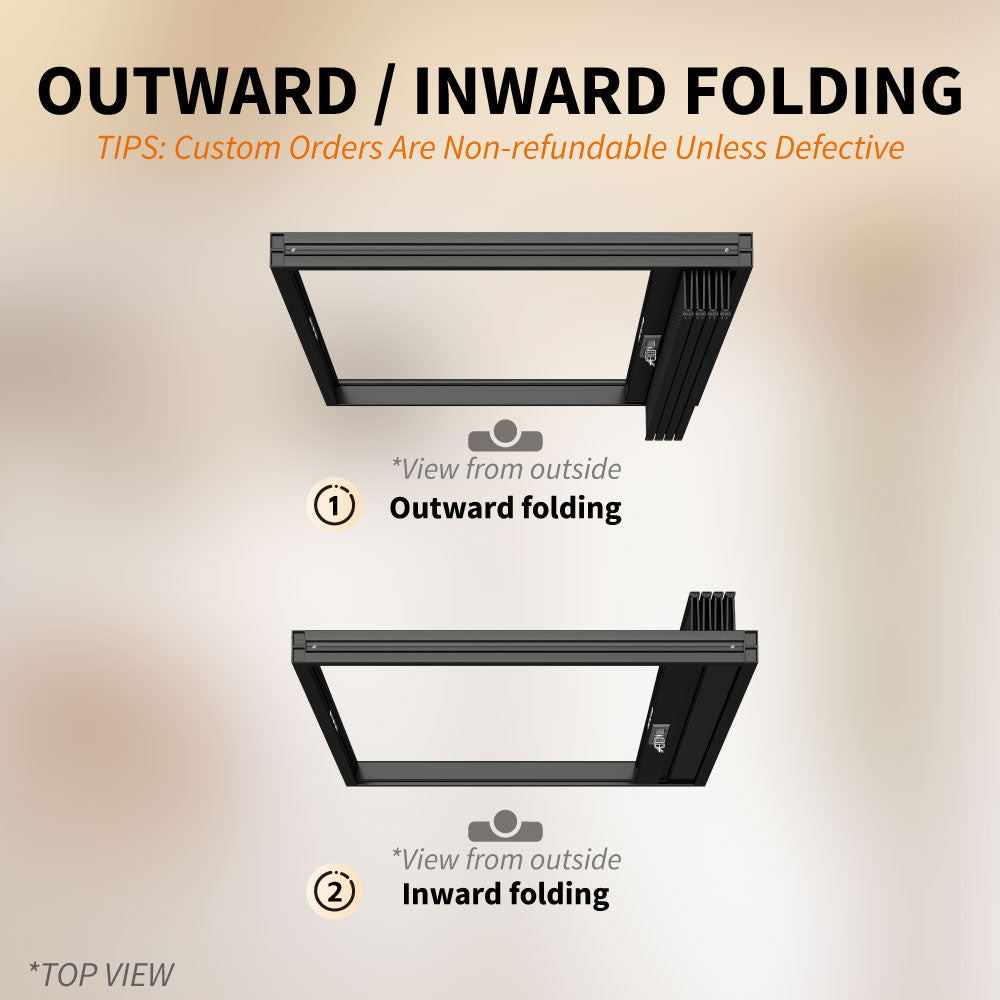 Foldable security screen door showing inward and outward folding options from outside view installation diagram