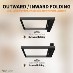 Foldable security screen door showing inward and outward folding options from outside view installation diagram