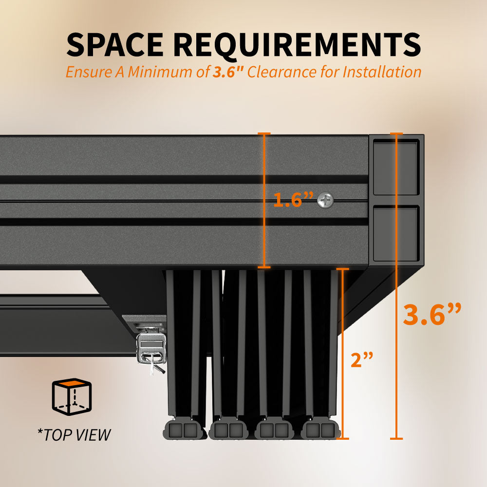 Minimum 3.6 inch clearance requirement diagram for foldable security screen door installation showing top view dimensions