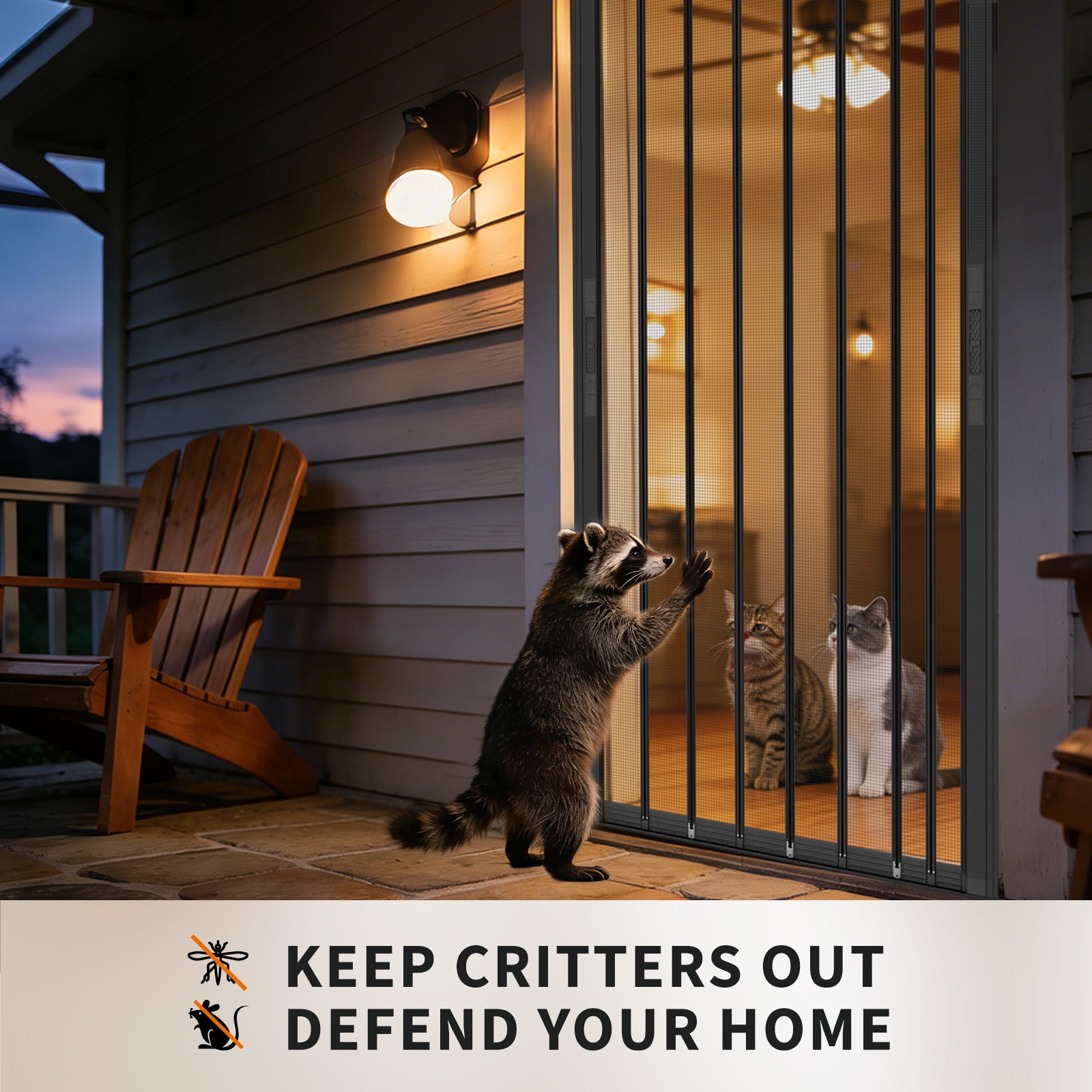 Security screen door preventing raccoon from entering home while cats stay safely inside