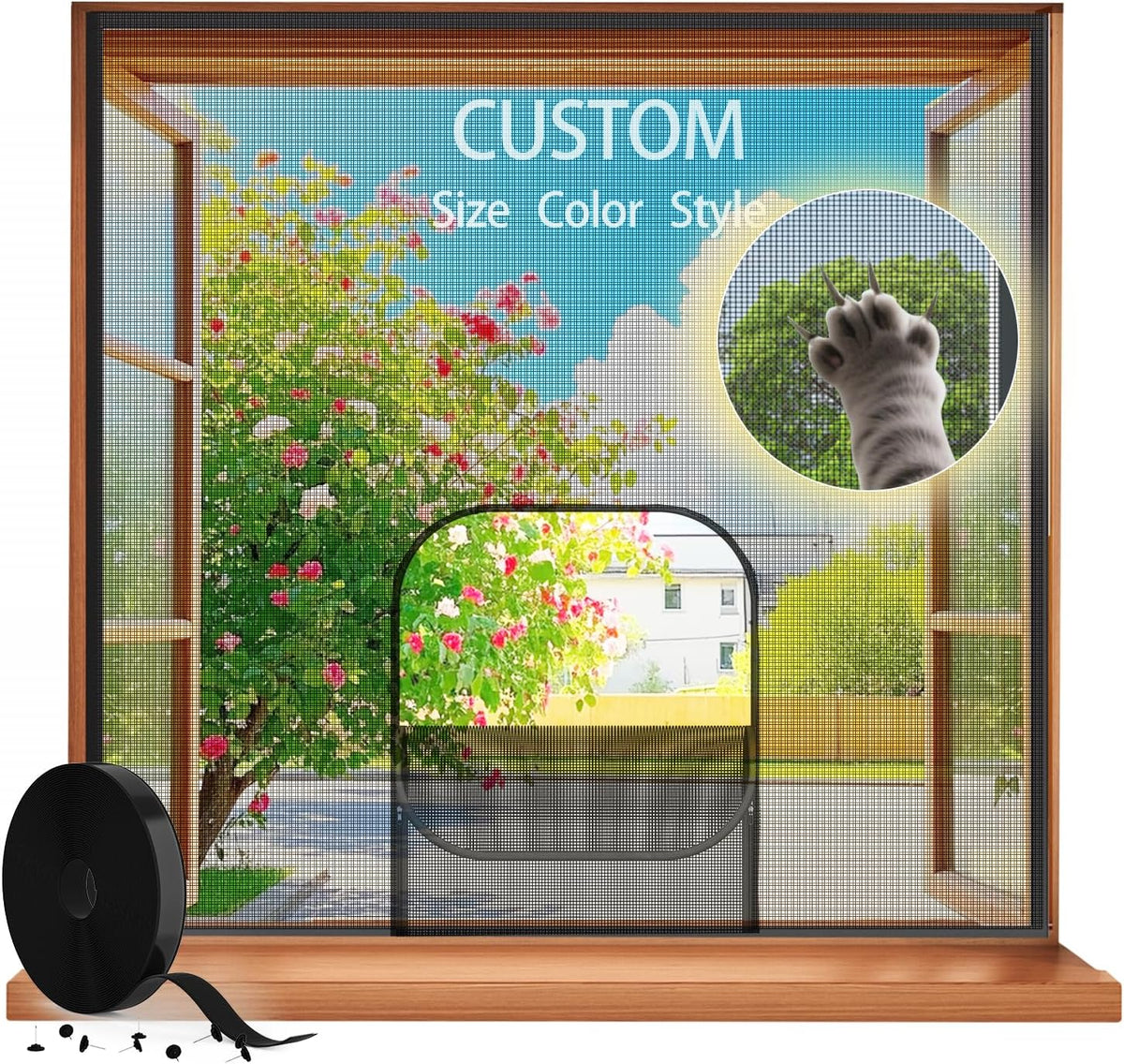 Custom Window Screen,Cat & Dog Claw Resistant Window Screen with a Zipper Opening