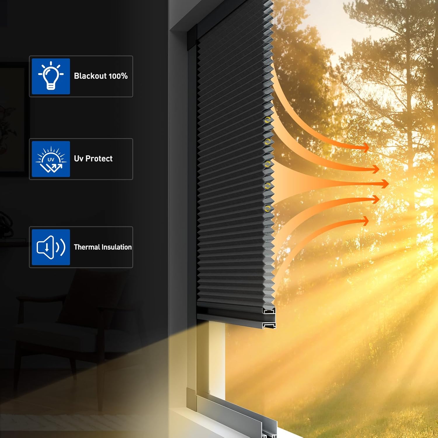 Custom Size Cordless Cellular Shades with Full Frame 100% Blackout Honeycomb Shades Pleated Blinds for Windows-Gray