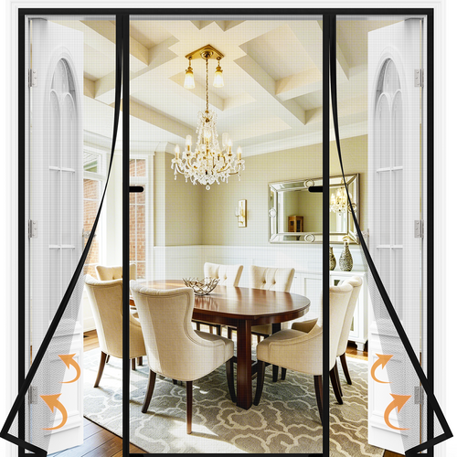 Center-open magnetic screen door for double doors, hands-free access, breathable mesh and insect protection.