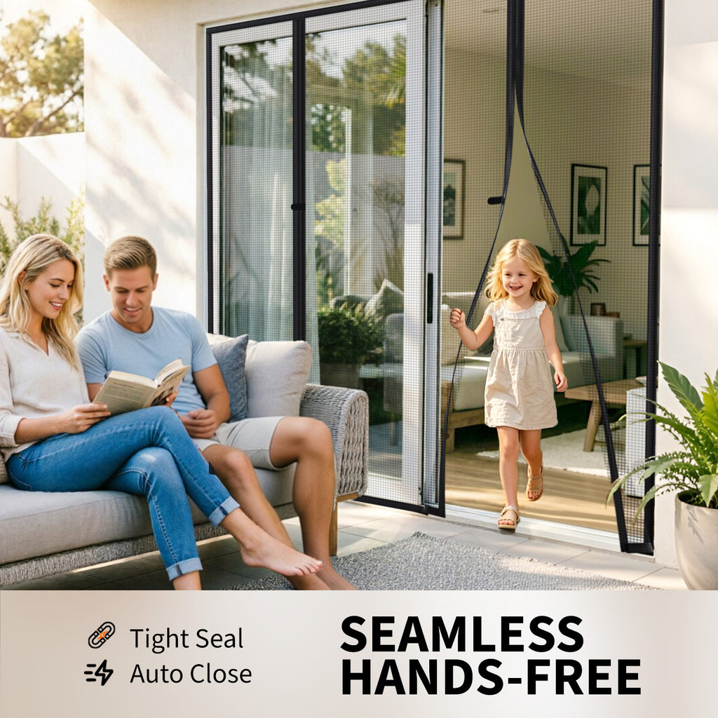 Center-open magnetic screen door with hands-free auto close and tight seal, perfect for patio and sliding door use.