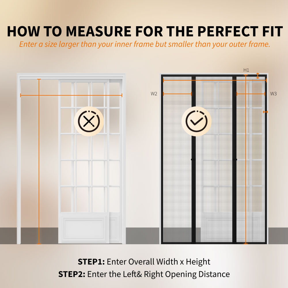 Center-open magnetic screen door measurement guide for accurate width and height fitting.