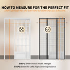 Center-open magnetic screen door measurement guide for accurate width and height fitting.