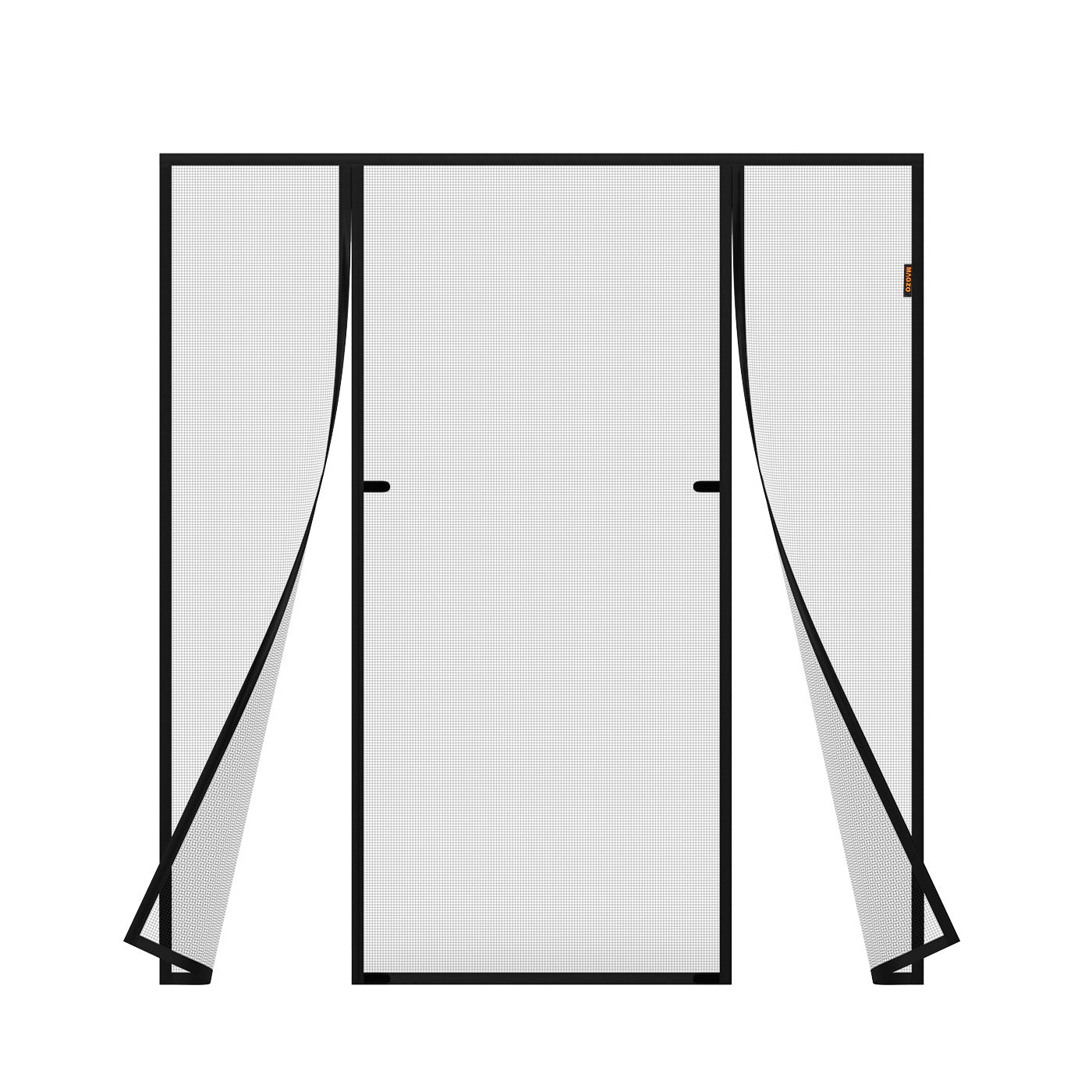 Custom center-open magnetic screen door with hands-free auto close, tight seal, ideal for patio, front door.