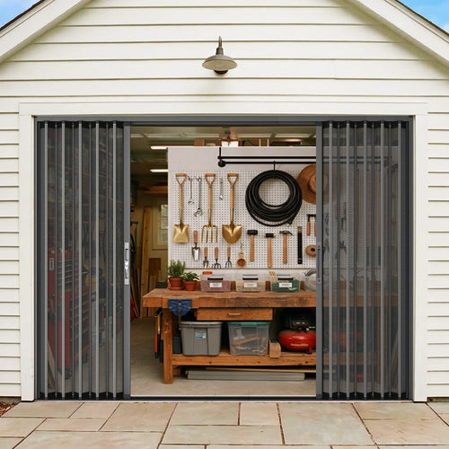Custom foldable garage screen door with large opening, space-saving design, breathable mesh and insect protection.