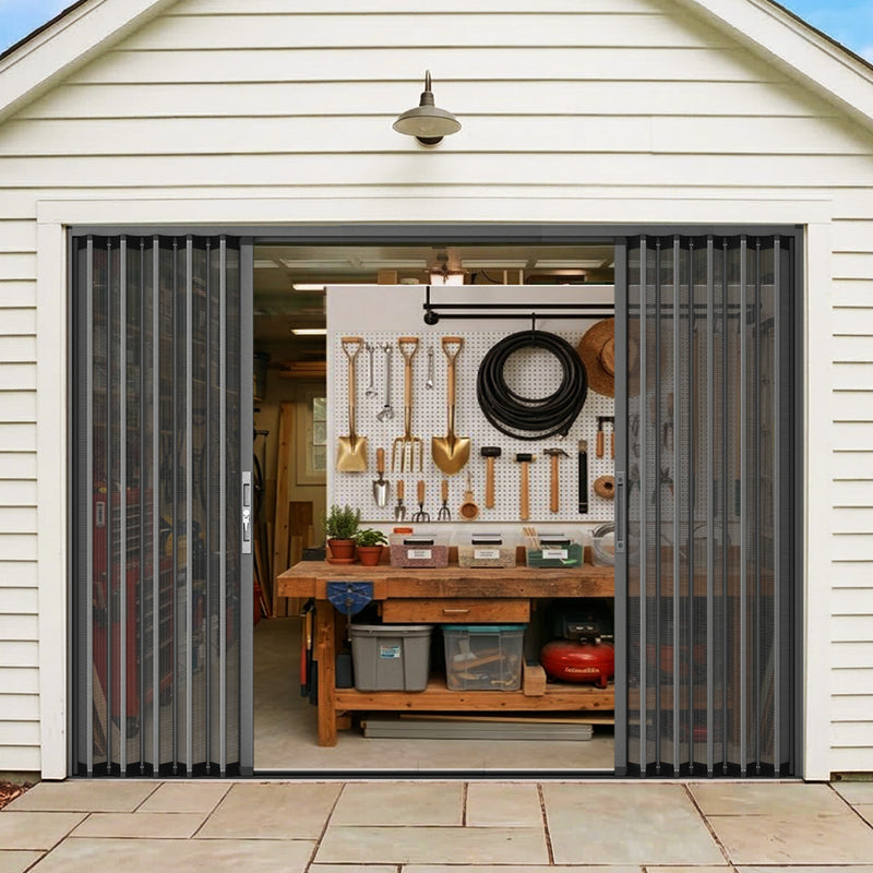 Custom foldable garage screen door with large opening, space-saving design, breathable mesh and insect protection.