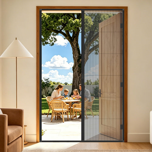 Custom pleated screen door with retractable design, space-saving, smooth sliding and insect protection for patio and entry doors.