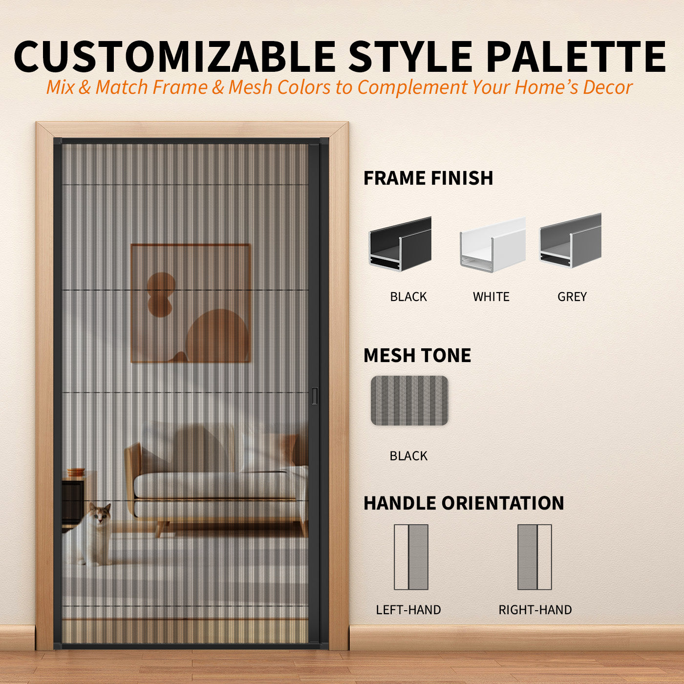 Custom pleated screen door with multiple frame colors, mesh options and handle orientations to match your home style.
