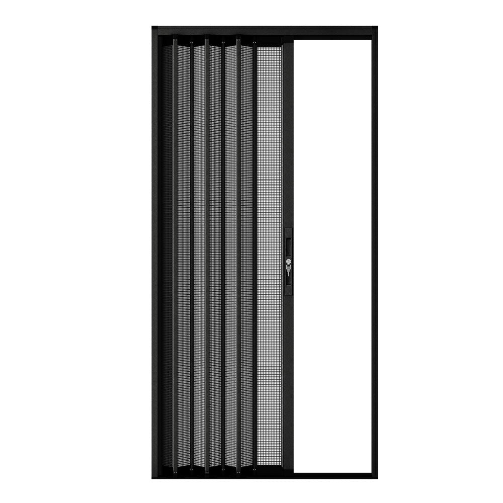 Custom retractable security door with pleated mesh, space-saving design, breathable and insect-proof for home and garage use.