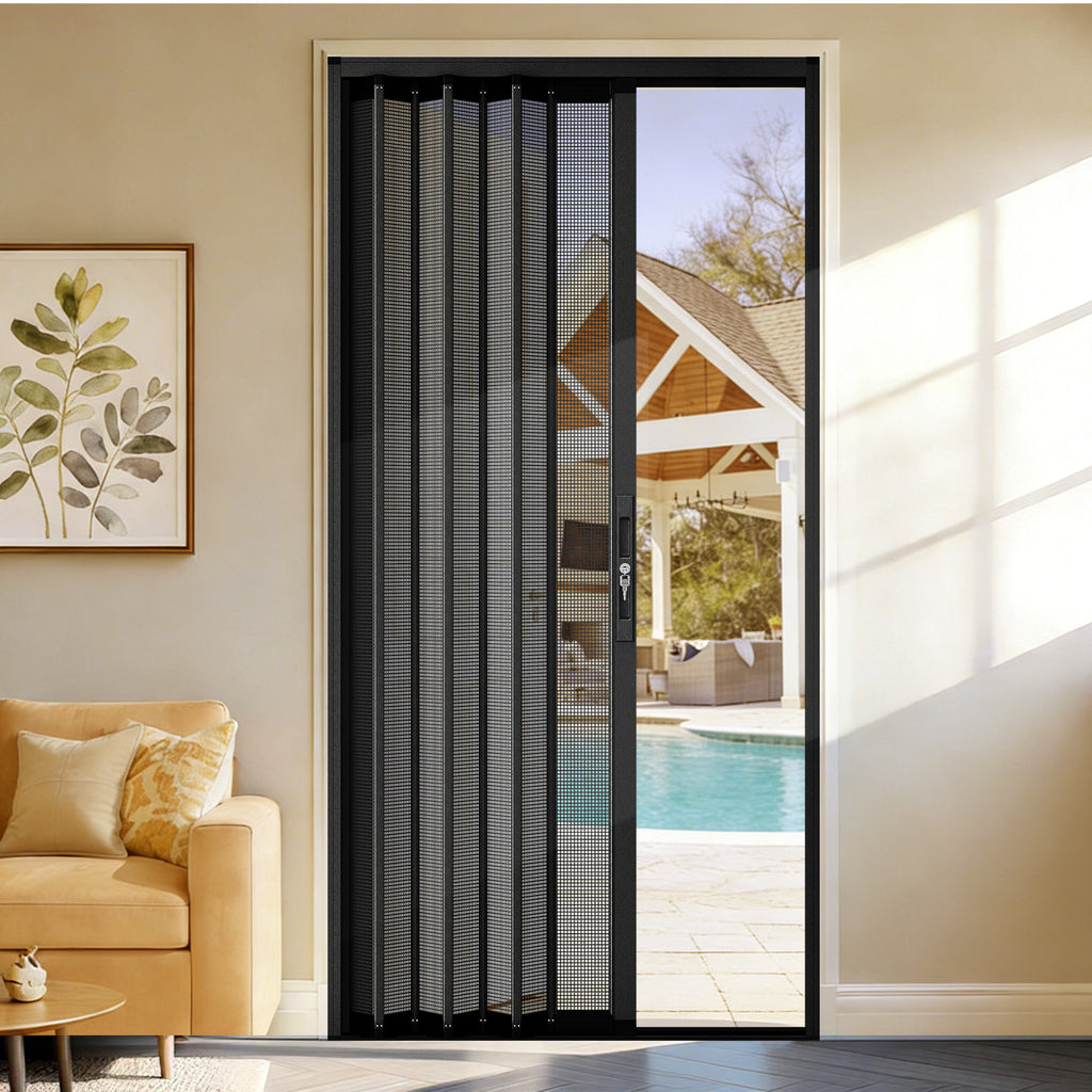 Custom retractable security door for garage, pleated mesh design, space-saving, breathable and insect-proof.