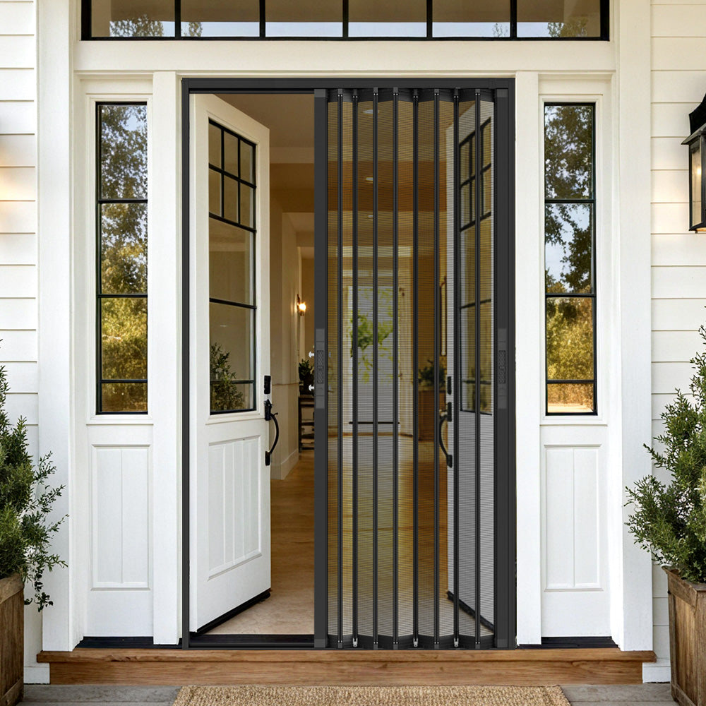 Double door foldable security screen installed on front entry door with modern home exterior