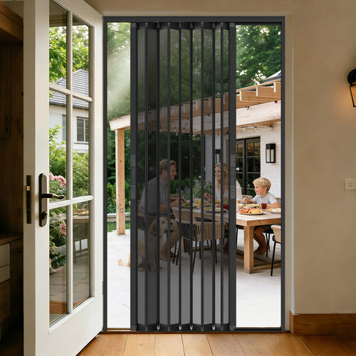 Double opening foldable security screen door installed on patio entrance with outdoor dining area