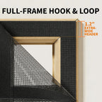 Close-up of a door frame showing full-frame hook and loop tape with a 1.2-inch extra-wide header.