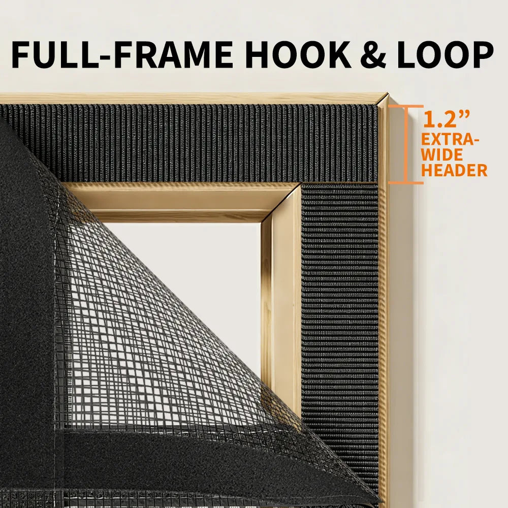 Close-up of a door frame showing full-frame hook and loop tape with a 1.2-inch extra-wide header.