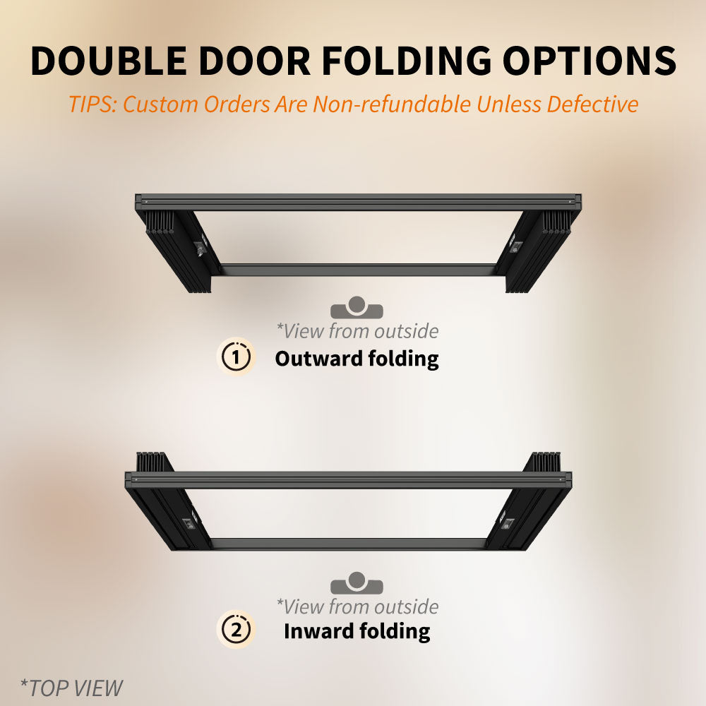 Custom foldable garage screen door with inward and outward folding options for flexible installation.