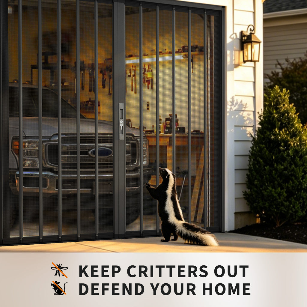 Custom foldable garage screen door with high-density mesh to block pests and keep your garage clean and protected.