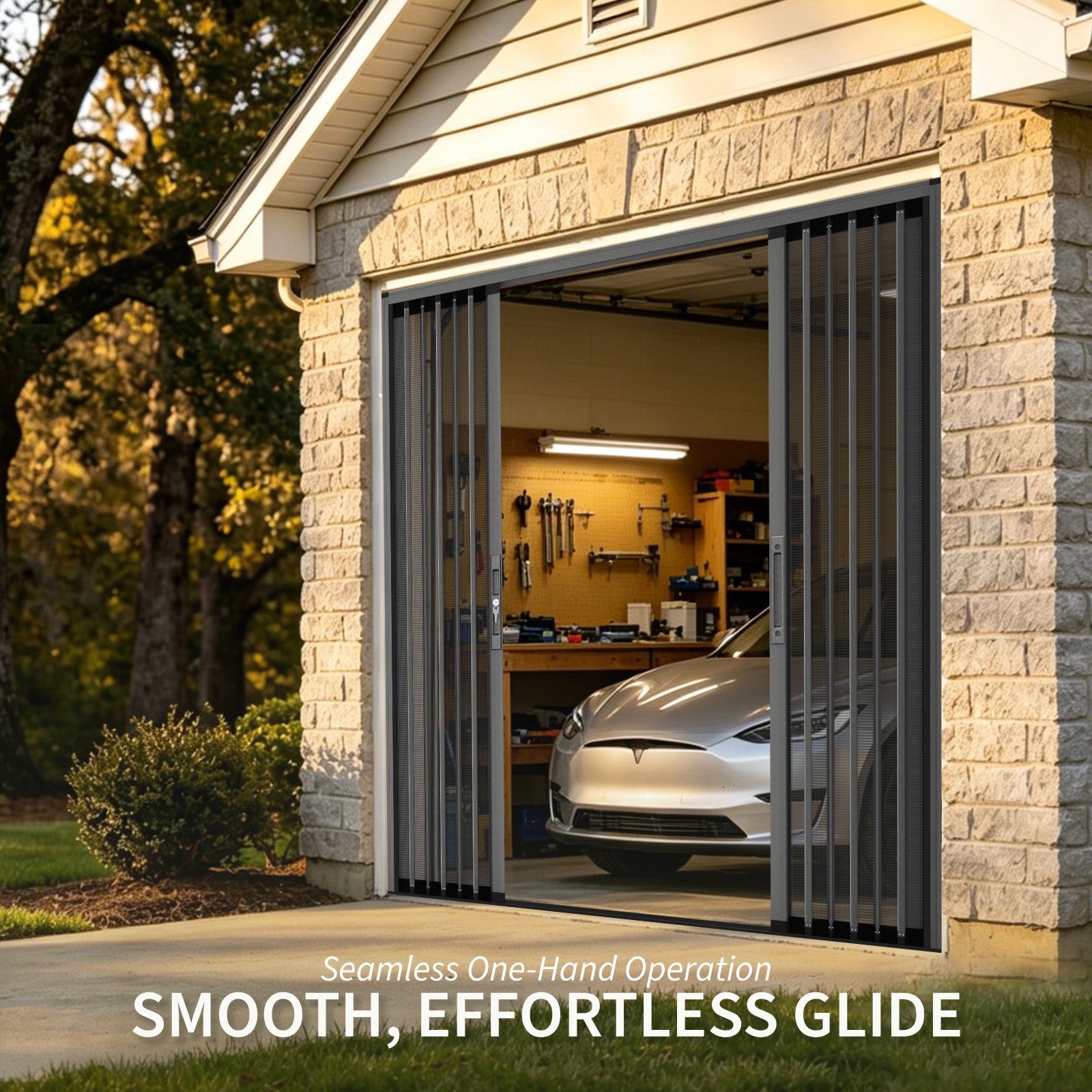 Custom foldable garage screen door with smooth glide track, easy one-hand operation and space-saving design.