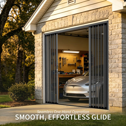 Custom foldable garage screen door with smooth glide track, easy one-hand operation and space-saving design.