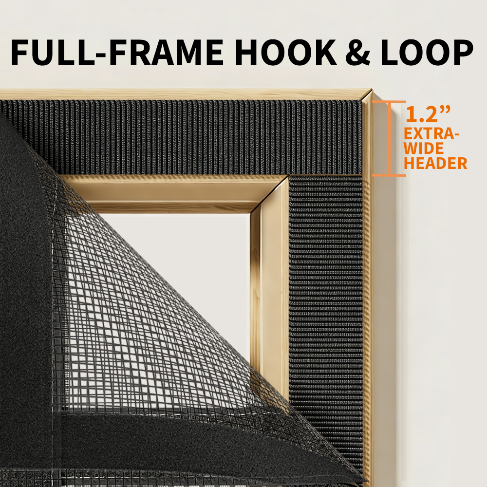 Full-frame hook and loop RV screen door with extra-wide header for secure and stable installation.