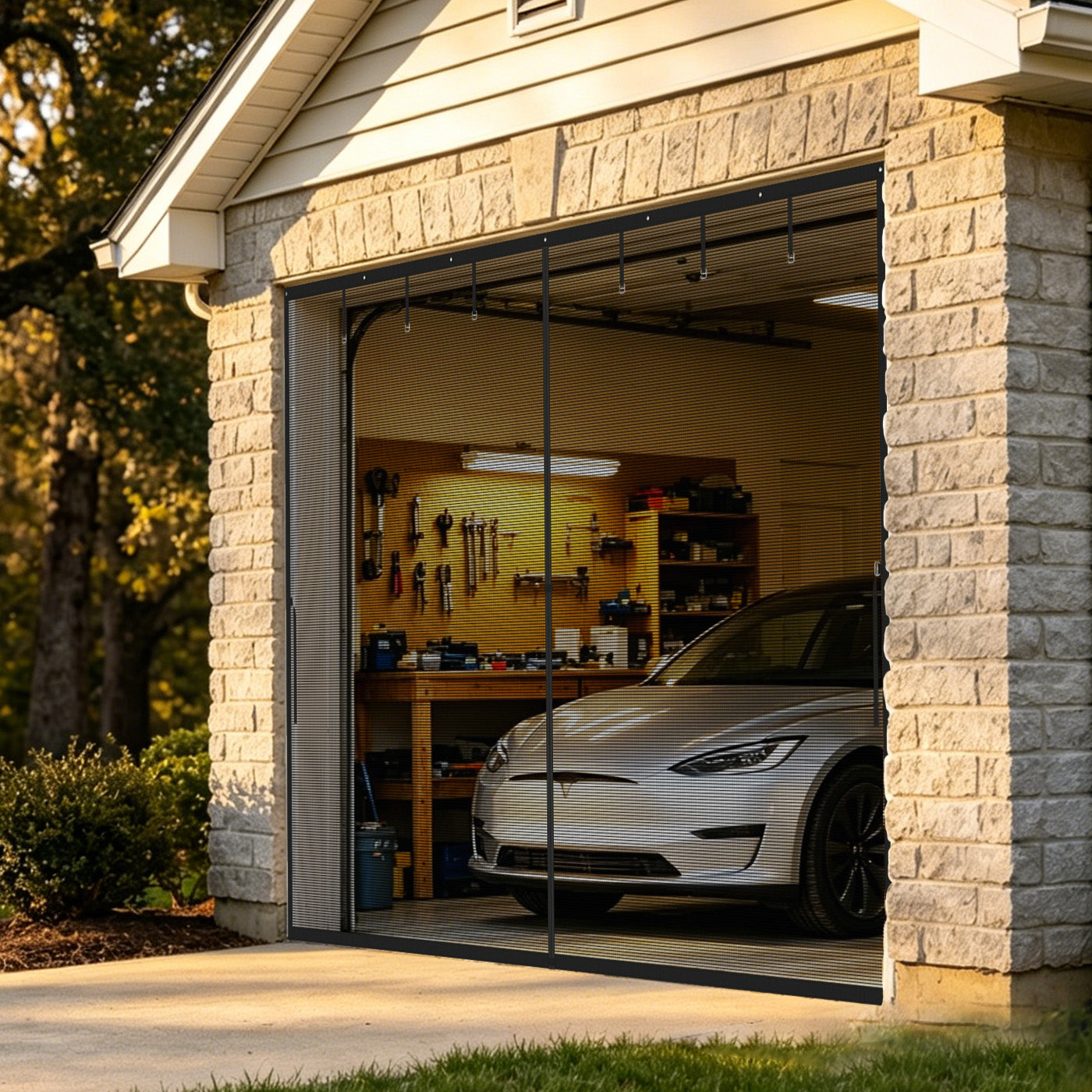Magnetic screen door for garage, full-size coverage with hands-free access, breathable mesh and insect protection.
