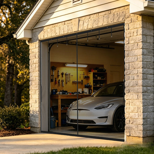 Magnetic screen door for garage, full-size coverage with hands-free access, breathable mesh and insect protection.