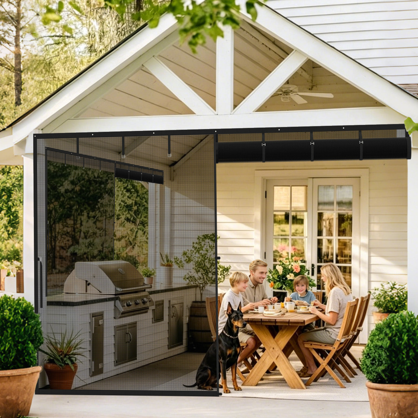 Magnetic screen door for garage and patio, large opening design with breathable mesh and insect protection.