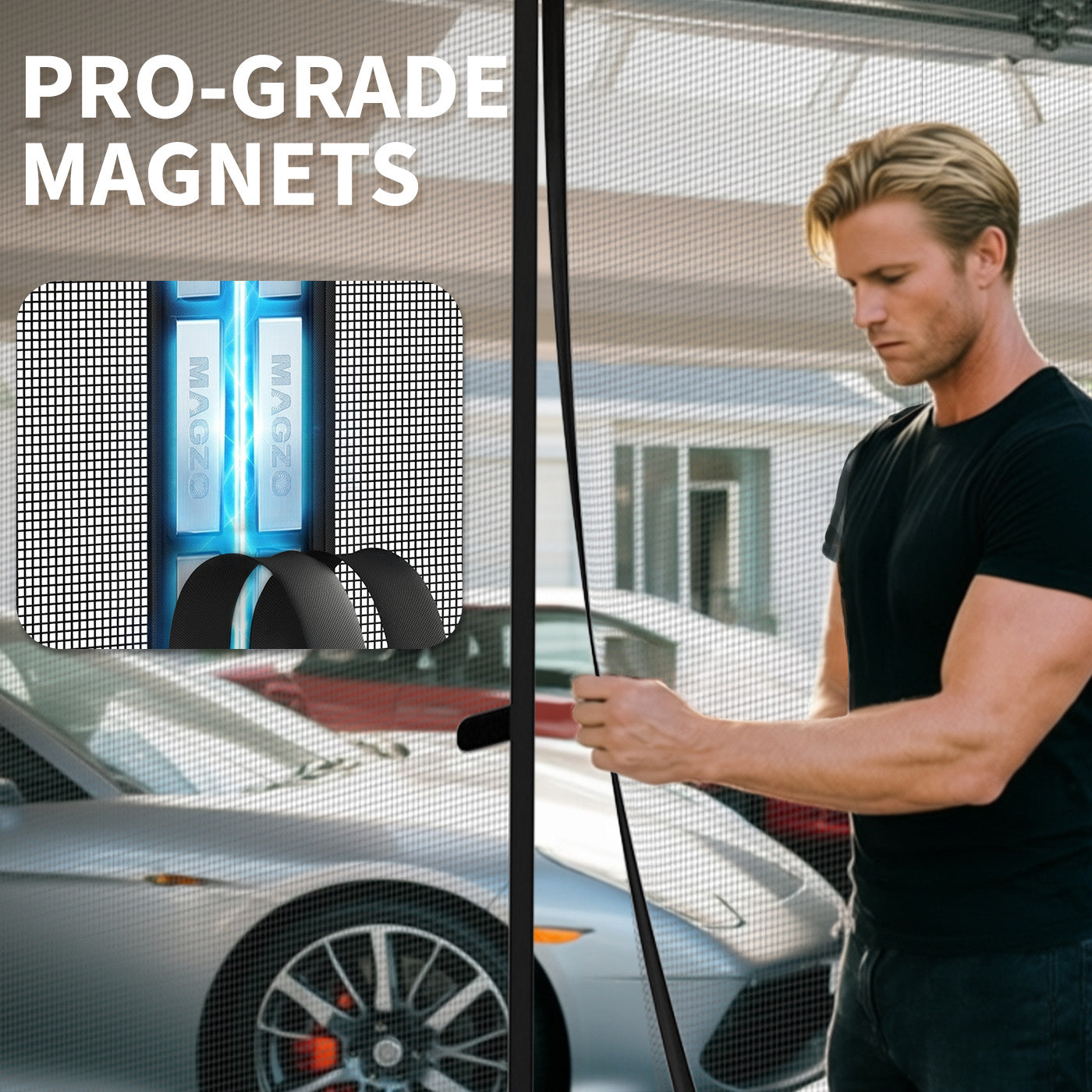 Garage magnetic screen door with pro-grade magnets for strong closure and reliable auto sealing.