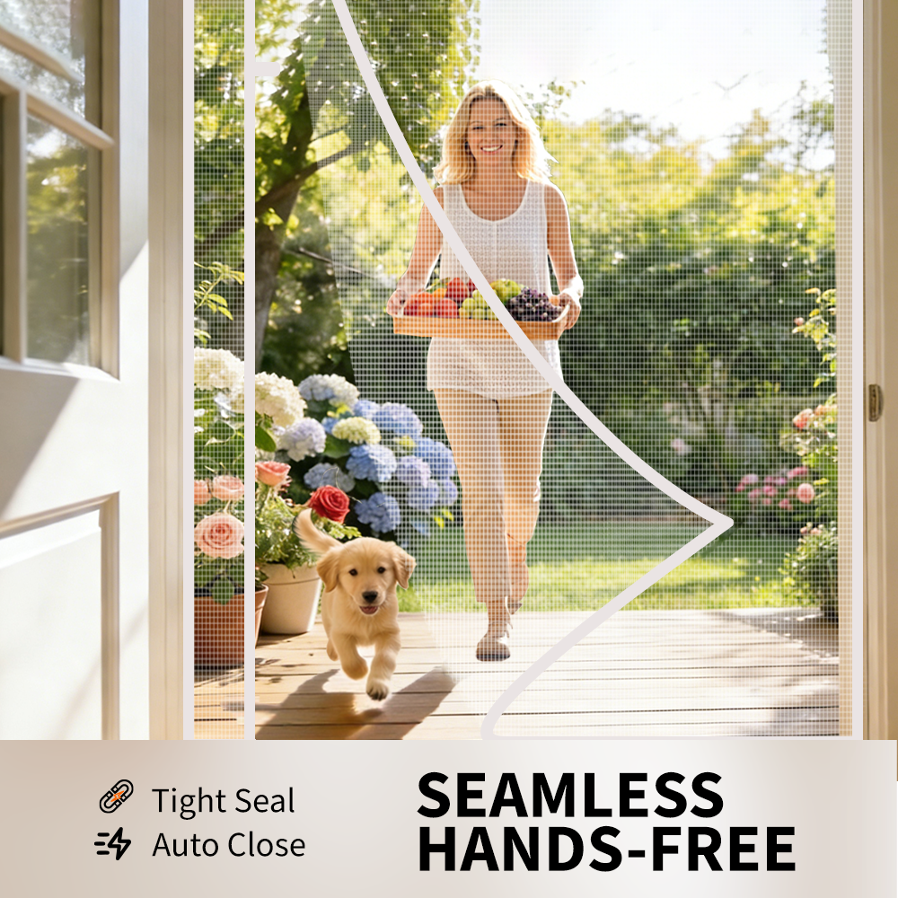 Hands-free magnetic screen door with tight seal and auto close, ideal for front door, patio, and backyard use.