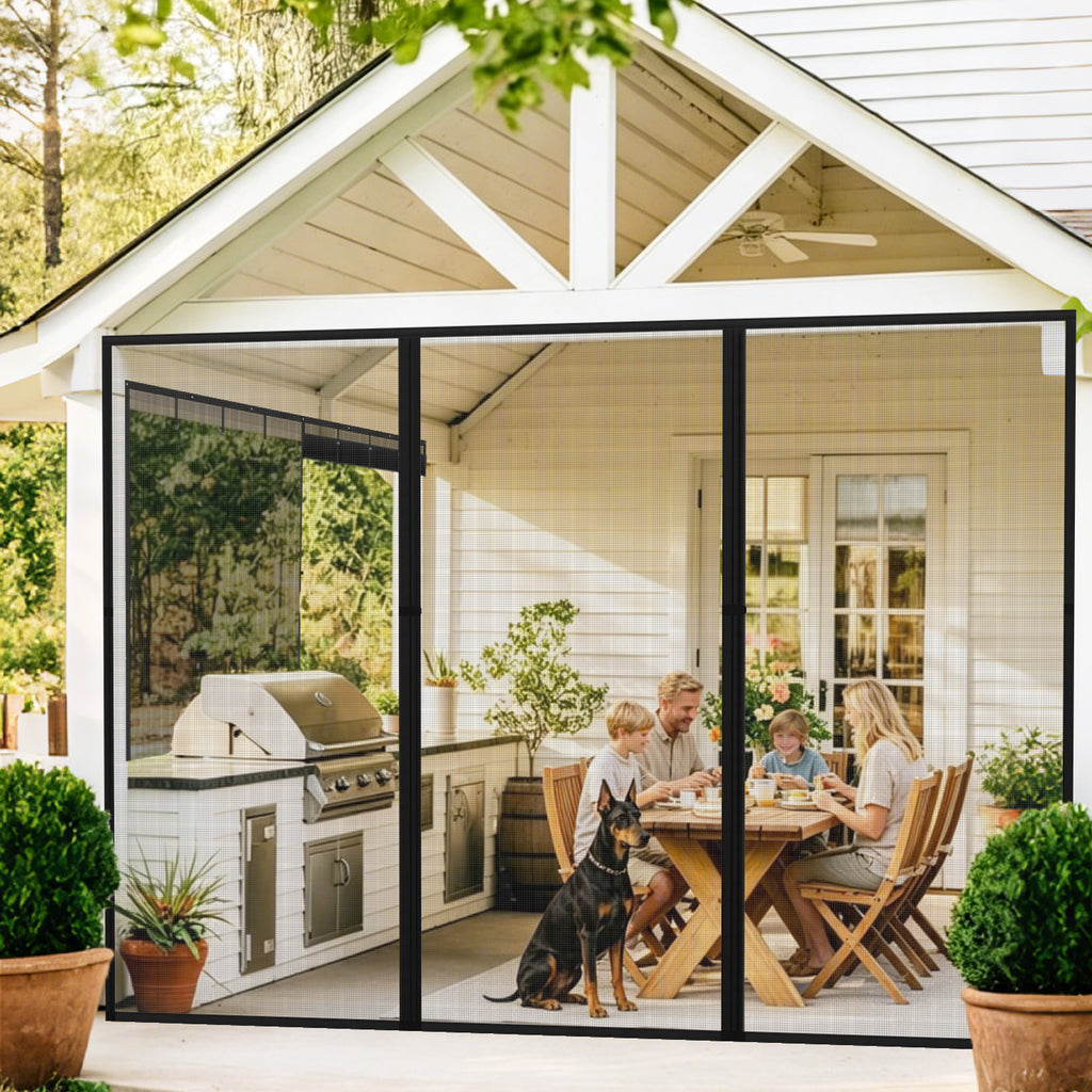 Large center-open magnetic screen door for patio enclosure, hands-free access, breathable mesh and insect protection.
