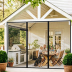 Large center-open magnetic screen door for patio enclosure, hands-free access, breathable mesh and insect protection.