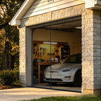 A closed magnetic garage screen door over a single-car garage with a Tesla parked inside.