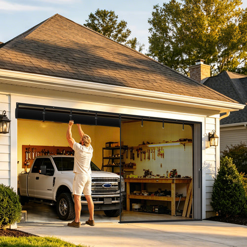 DIY installation of a custom-fit magnetic garage screen door with reinforced frame and center magnetic seal.