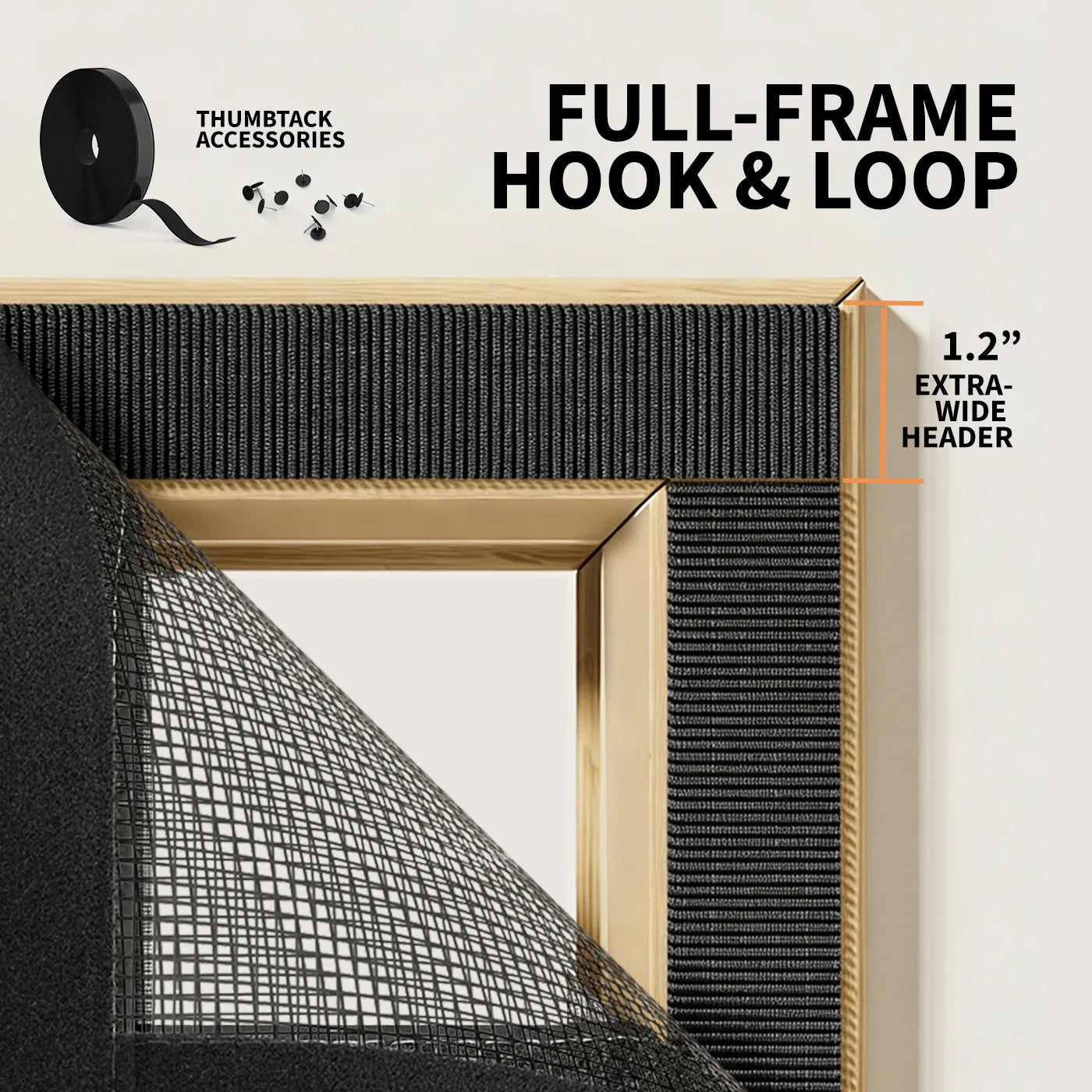 Full-frame hook and loop magnetic screen door – 1.2" extra-wide header for secure fit, easy no-drill installation