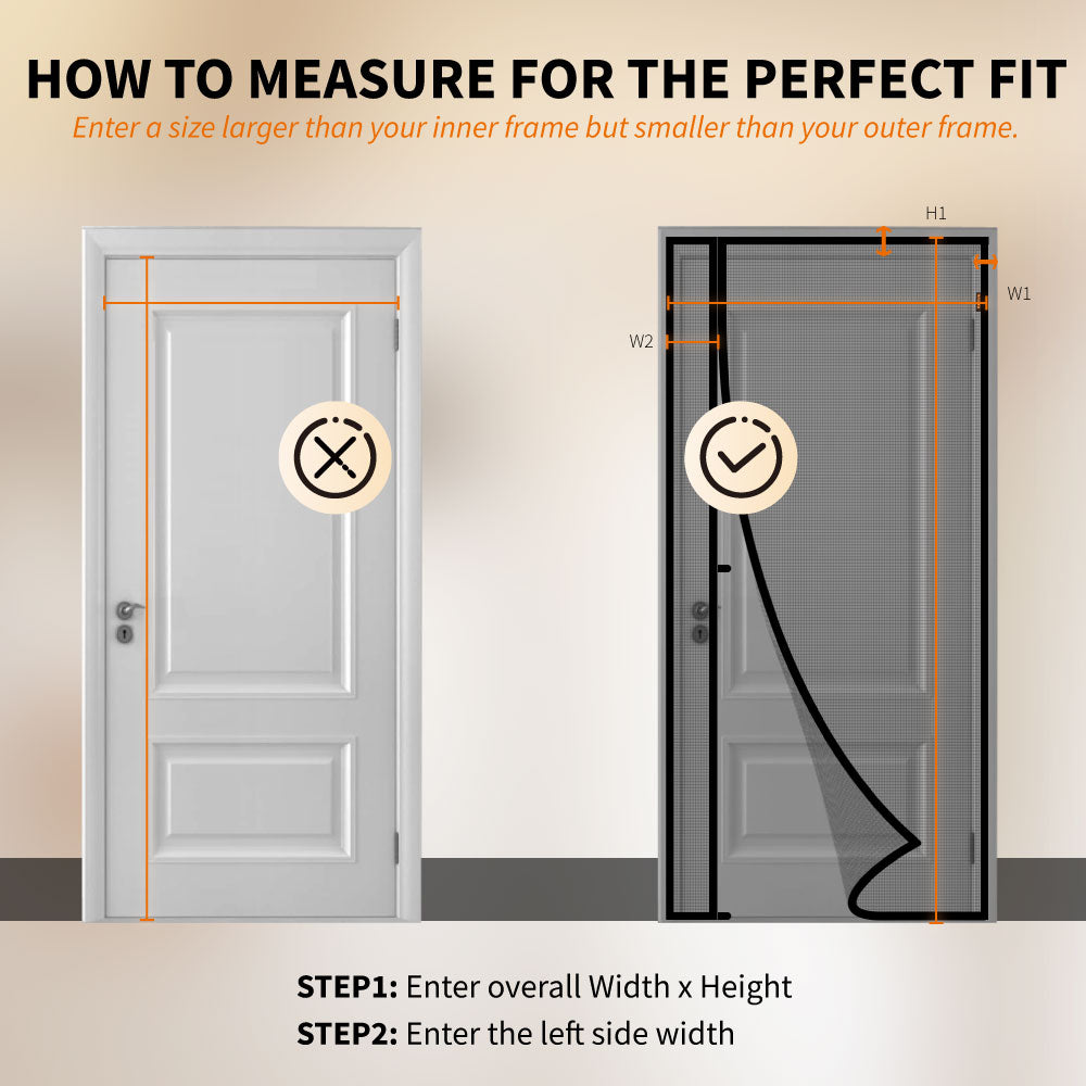 Magnetic screen door size guide showing how to measure width and height for a perfect fit.