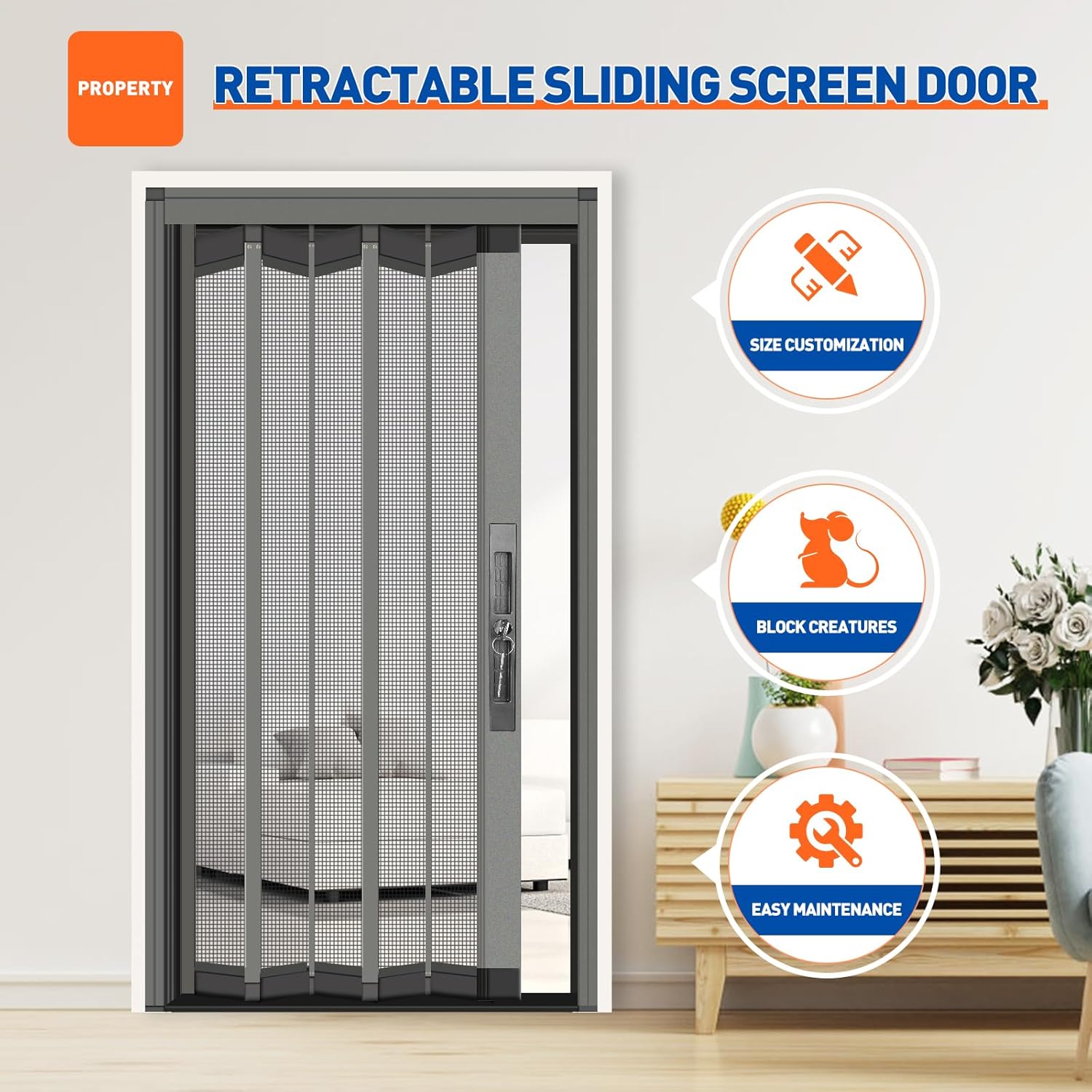 MAGZO Custom Aluminum Retractable Front Screen Door, Heavy Duty Aluminum Easy Assemble for Patio Door Scratch - Proof, Multiple Colors Available - MAGZO