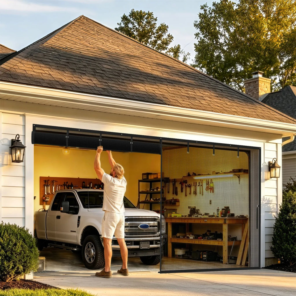 Magzo magnetic garage screen door for two-car garages, showing roll-up feature and workshop view.