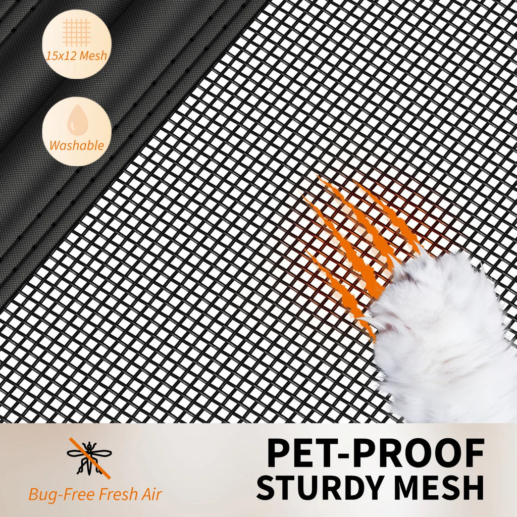 Close-up of pet-proof sturdy mesh for garage screen doors, showing a cat paw scratching the durable 15x12 mesh grid.