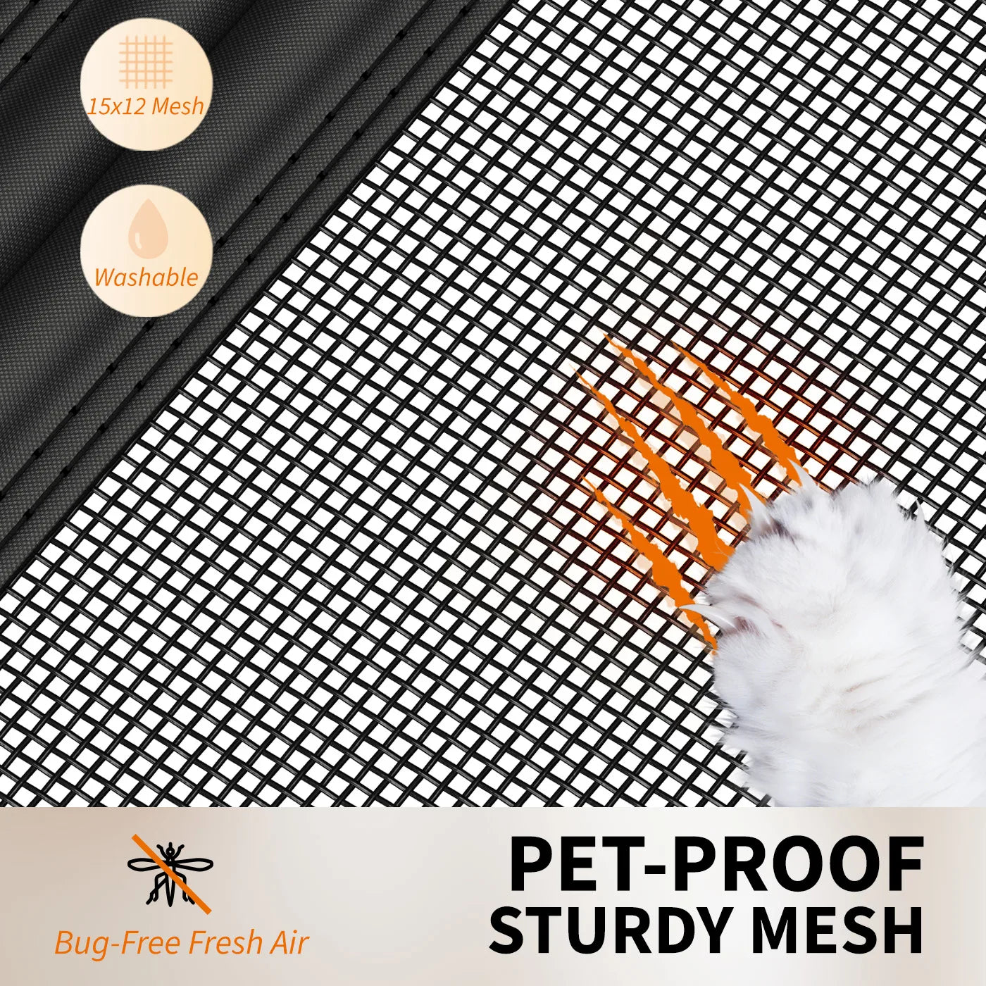 Close-up of pet-proof sturdy mesh for garage screen doors, showing a cat paw scratching the durable 15x12 mesh grid.