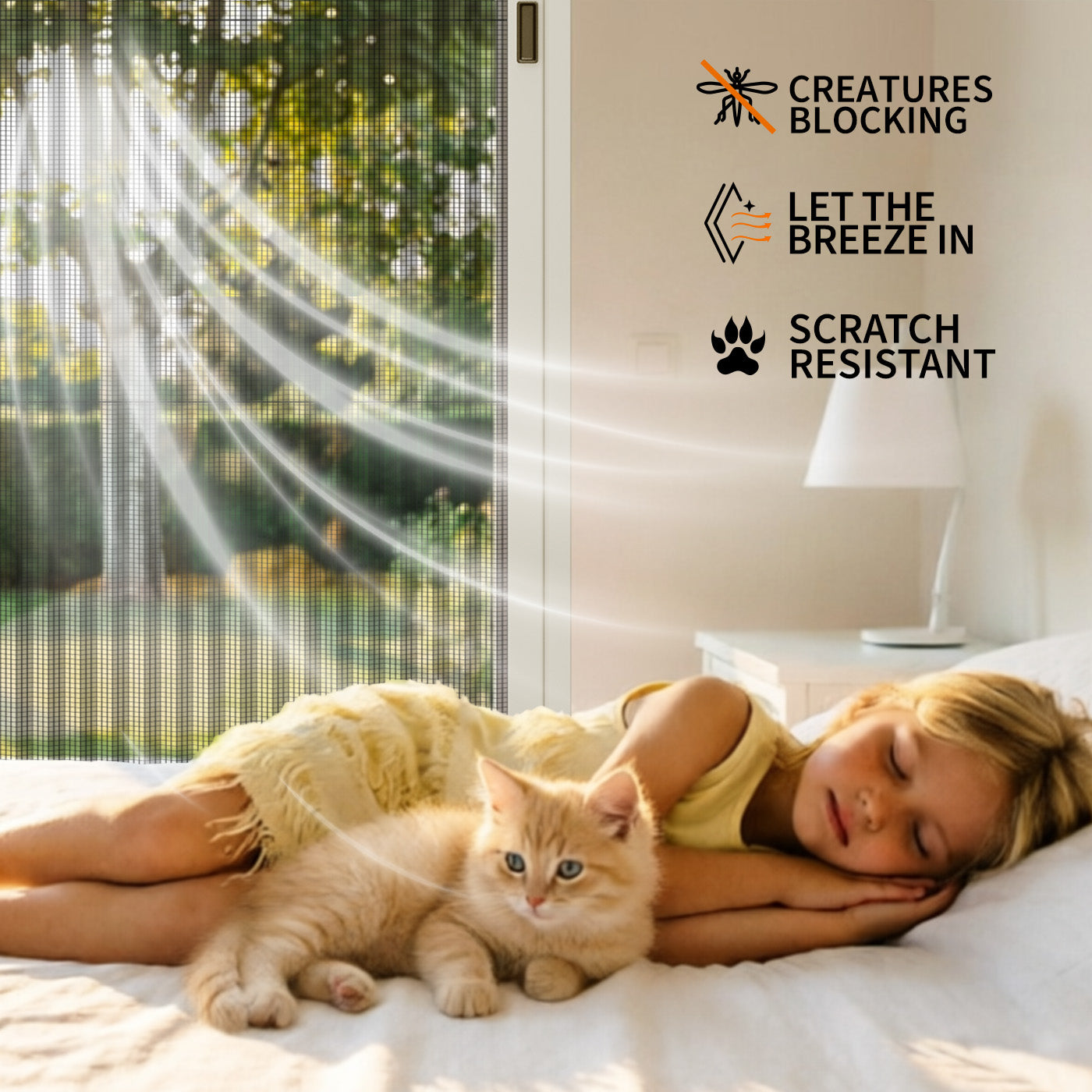 Custom pleated screen door with breathable mesh, blocks insects, allows airflow and features scratch-resistant design.