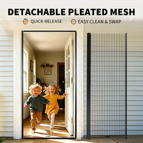 Custom pleated screen door with detachable mesh, quick-release design for easy cleaning and replacement.