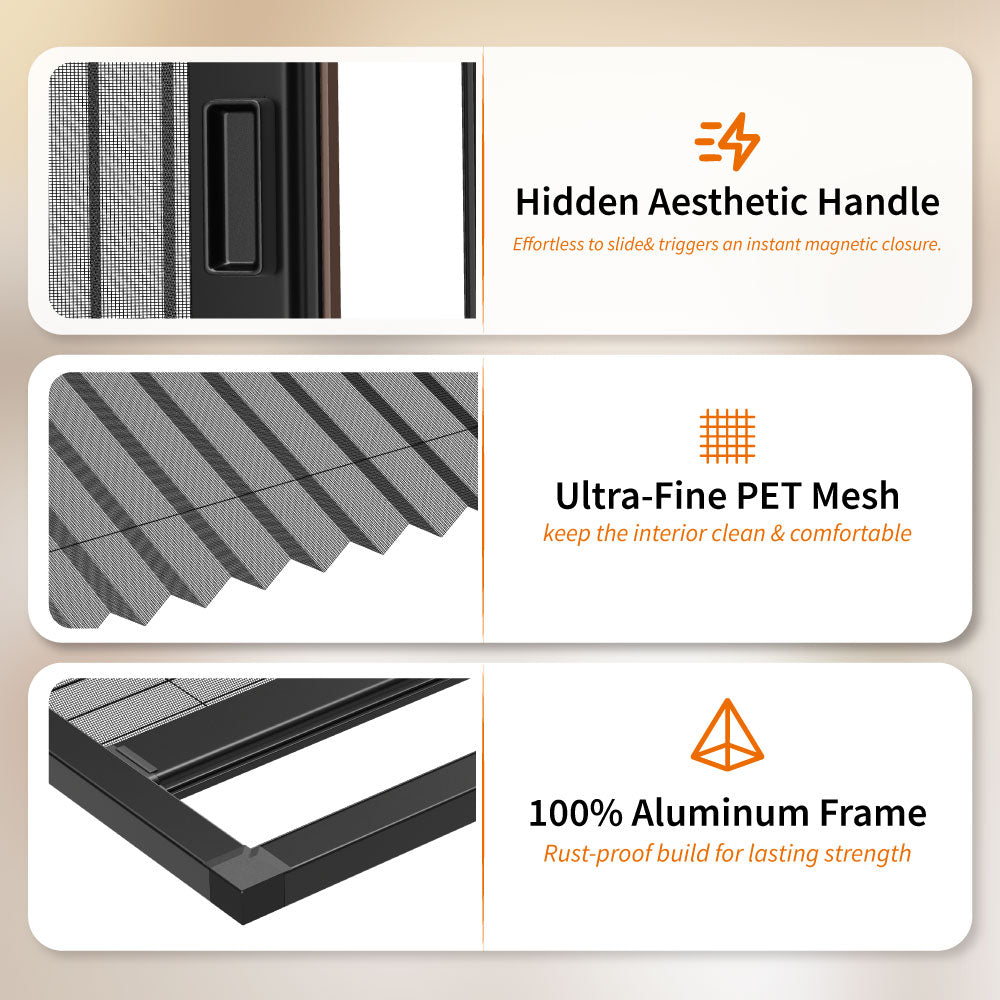 Custom pleated screen door with hidden handle, ultra-fine PET mesh and durable aluminum frame for smooth use and long-lasting performance.