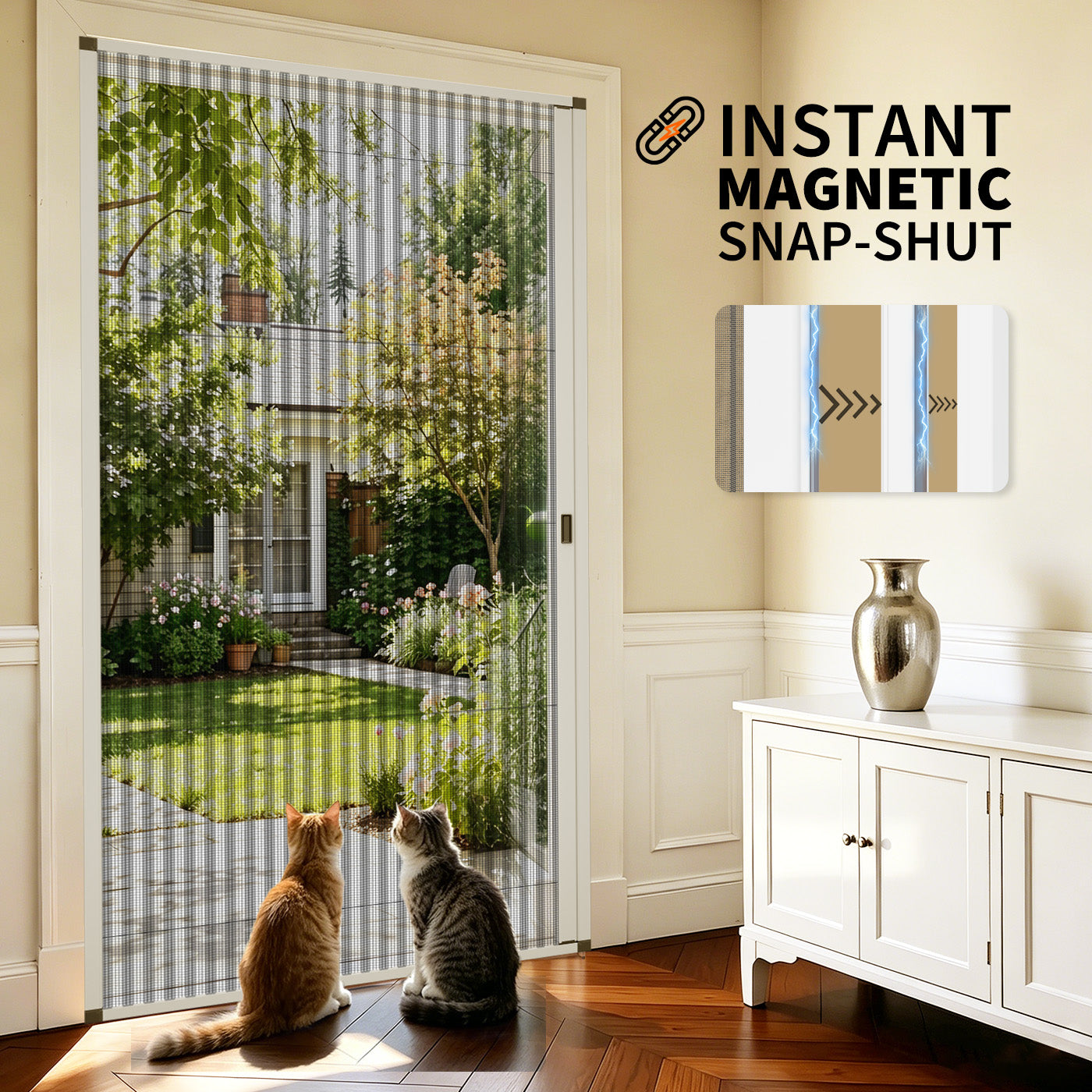 Custom pleated screen door with magnetic snap closure, hands-free operation and effective insect protection for home entry.