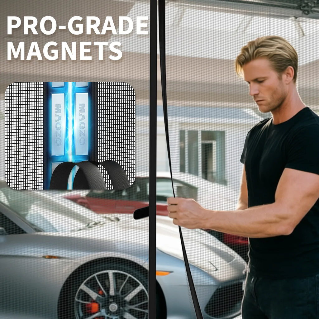 A man parting a magnetic garage screen door, featuring a close-up diagram of Magzo pro-grade magnets.
