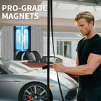 A man parting a magnetic garage screen door, featuring a close-up diagram of Magzo pro-grade magnets.