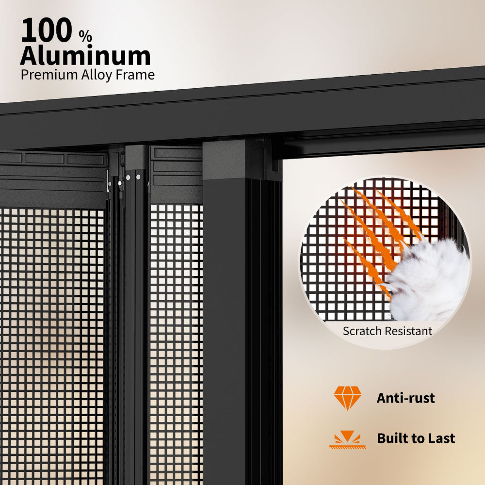 Custom retractable security door with 100% aluminum frame, scratch-resistant mesh, anti-rust and durable design.