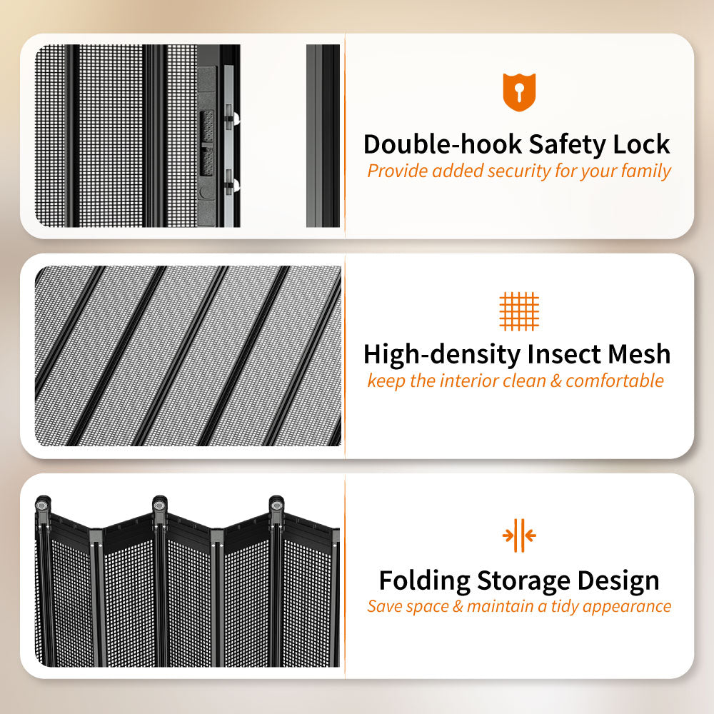 Custom retractable security door with double-hook lock, high-density mesh and foldable space-saving design for added safety and comfort.